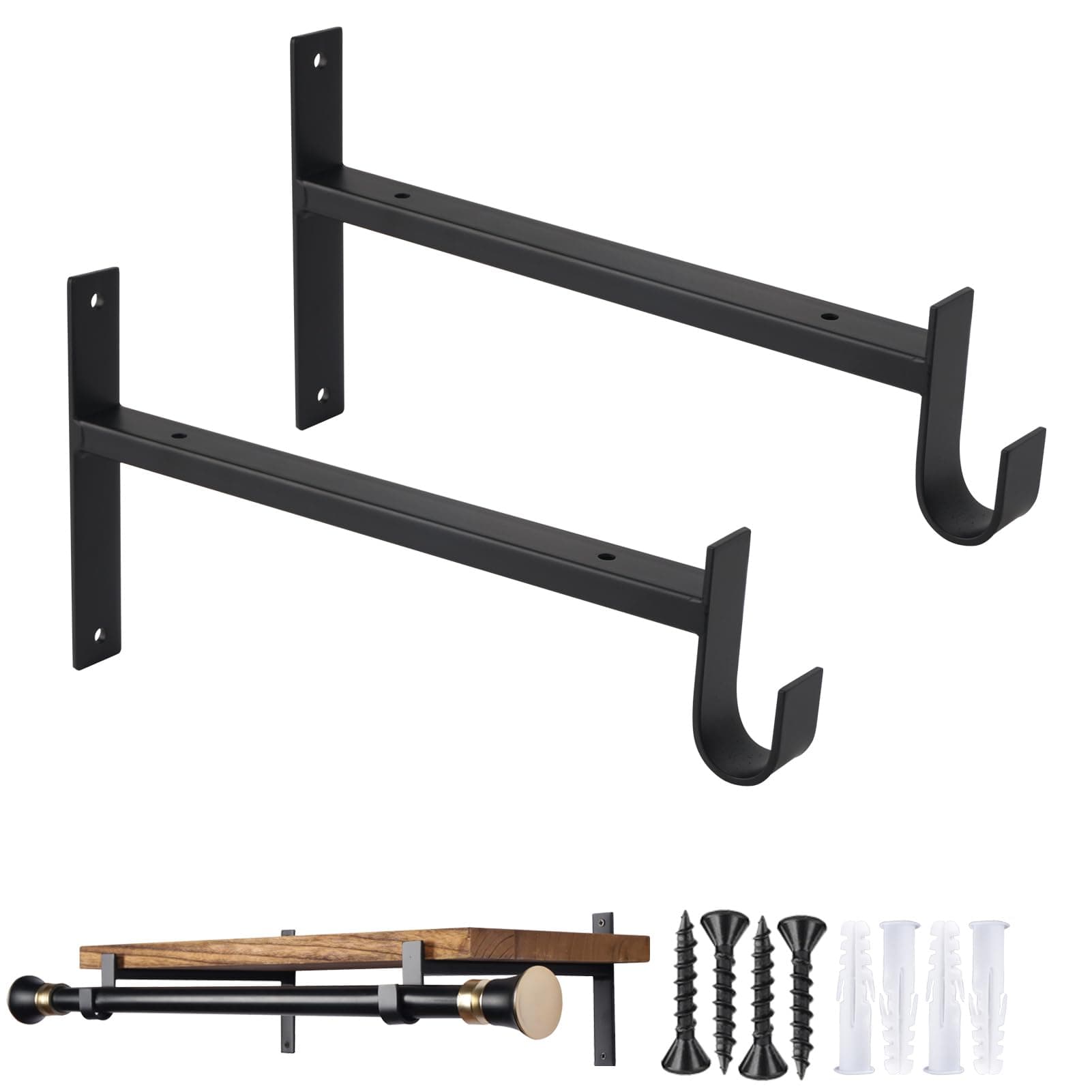 OVOV Closet Rod Bracket Heavy Duty 12 Inch Closet Shelf Brackets with Rod Holder Black Wall Mounted Closet Rod Support Brackets with Hook (2 Pack)