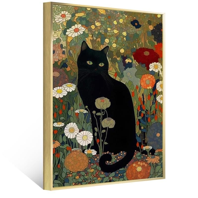 Cat Art Print, Gustav Klimt Black Cat In A Garden,Black Cat Art, Floral Print, Funny Cat print, Funny gift, Home decor Poster,Canvas Wall Art
