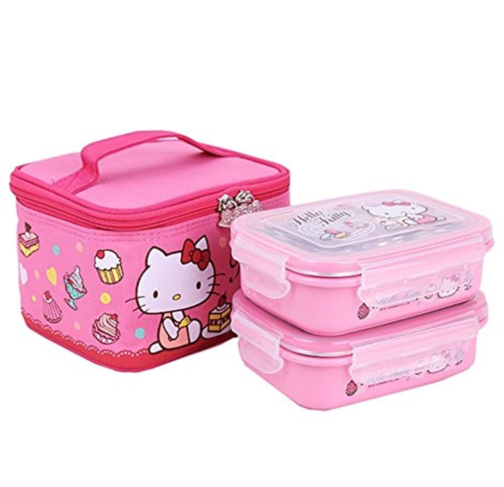 Lock & Lock Hello Kitty Lace Stainless Steel 2-Tier Lunch Box Bento Case Set, Pink