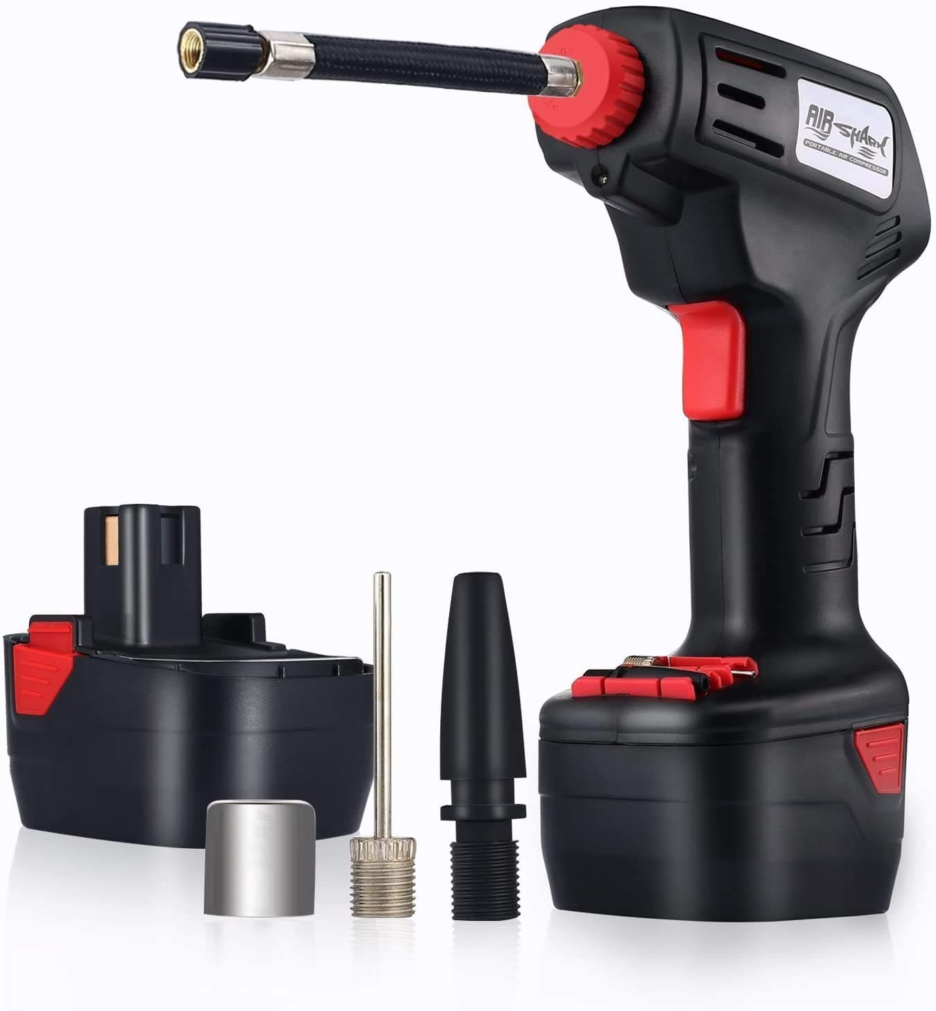 Portable Air Compressor Battery Tire Inflator Cordless Car Pump For Bicycle Ball Car, Deluxe Carry Case, Digital LCD Pressure Gauge, Auto Shut Off, Battery Charger, Car Adapter, 3 Nozzle Adapters