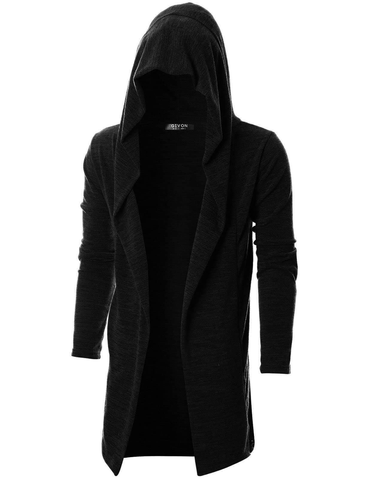 Men's Long Hooded Shawl Cardigan Open Front Gothic Cloak with Drape Design Shawl Collar
