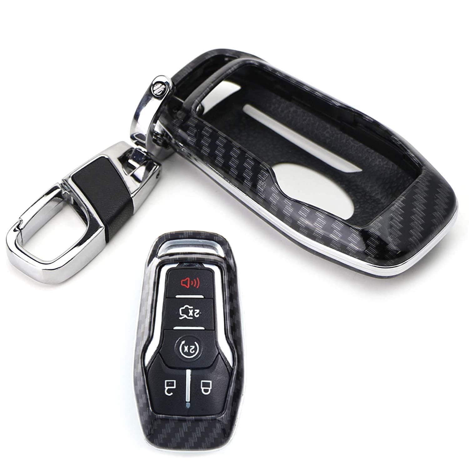 Exact Fit Black Glossy Carbon Fiber Pattern Key Fob Shell w/Keychain Compatible with Ford or Lincoln 4/5-Button Intelligent Access Key
