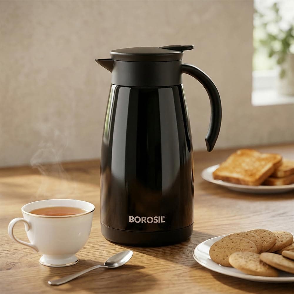 VACUUM INSULATED STAINLESS STEEL TEAPOT | TEA POT | THERMAL FLASK | THERMOS | CARAFE | JUG | COFFEE POT | FOR WATER, COFFEE, TEA | BLACK 1 LITER