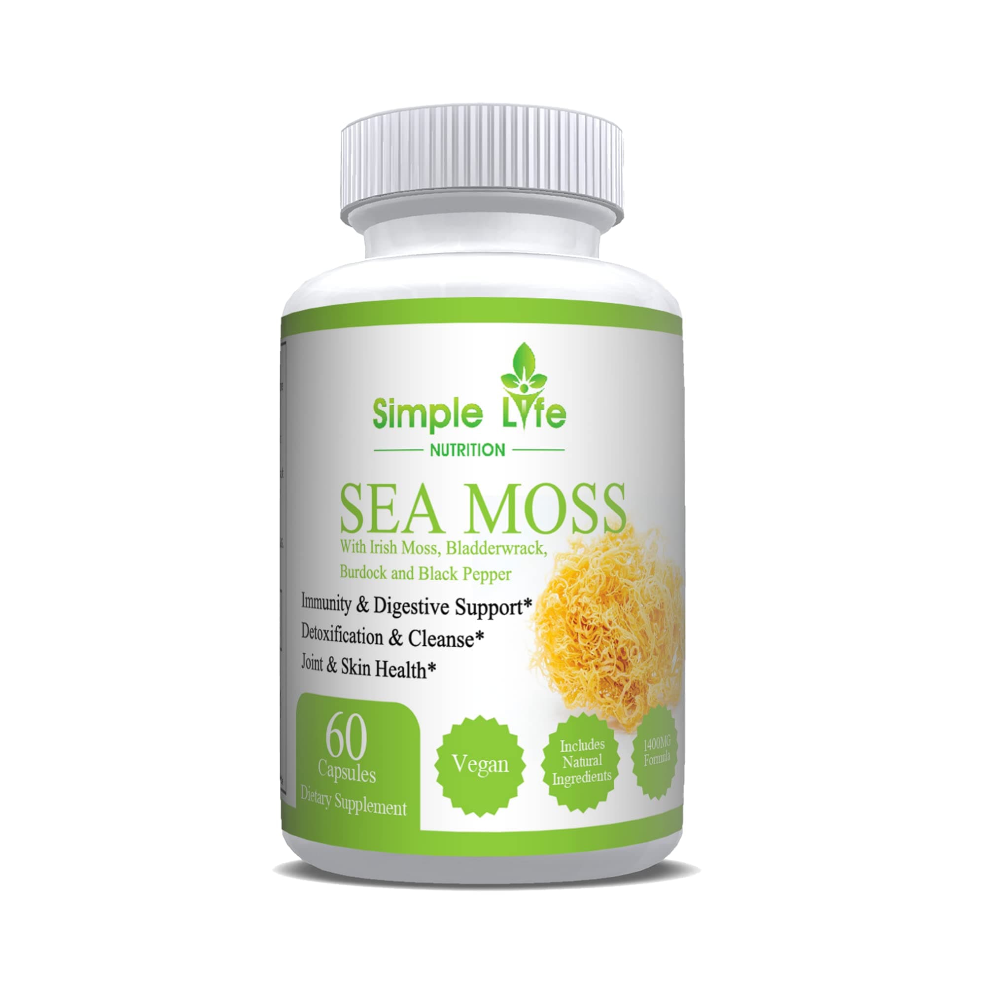 Organic Irish Sea Moss 1400MG Capsules- Burdock Root and Bladderwrack Natural Blend - Immune System Gut Cleanse & Thyroid Supplement Powder Capsules - Skin and Nail Health- 60CT