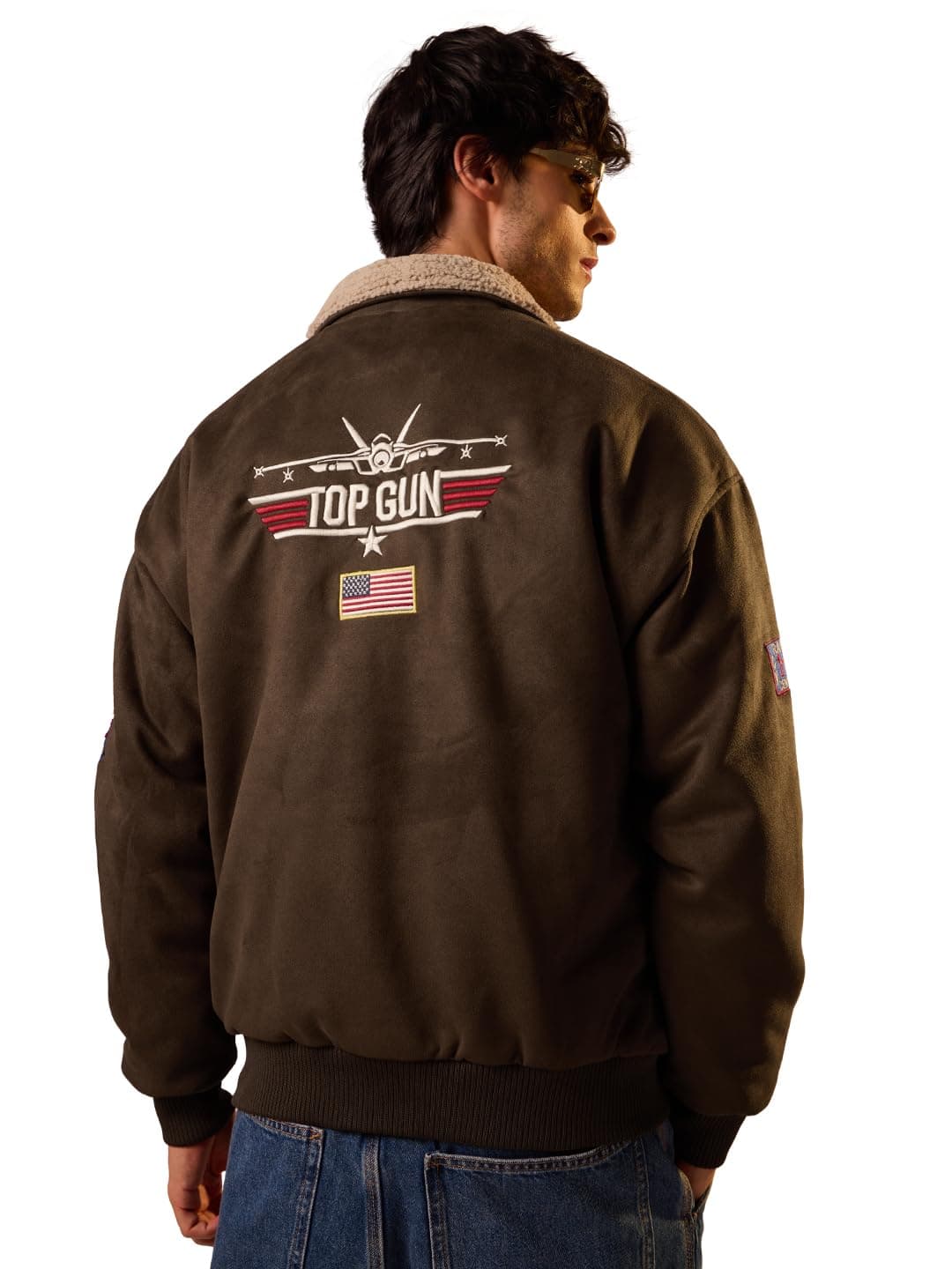 The Souled Store Top Gun: Maverick Men and Boys Long Sleeves Collared Neck Button Front Brown Embroidered Polyester Oversized Jackets