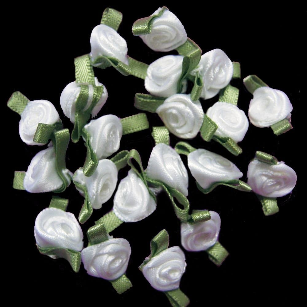 Small White Ribbon Rose With Green Leaves, 20pcs