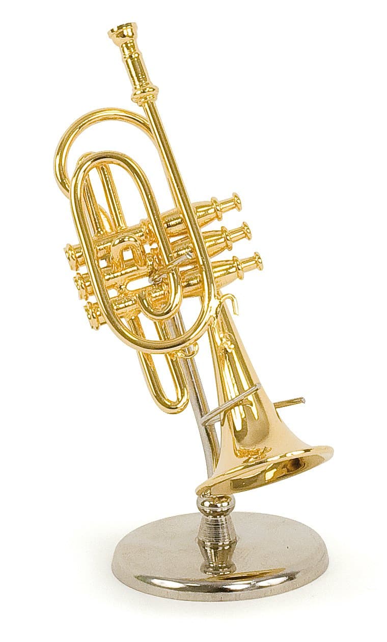Miniature Trumpet - Brass Golden Color - Decorative Music Item - Delivered with Its Box and Stand - Height 12 cms
