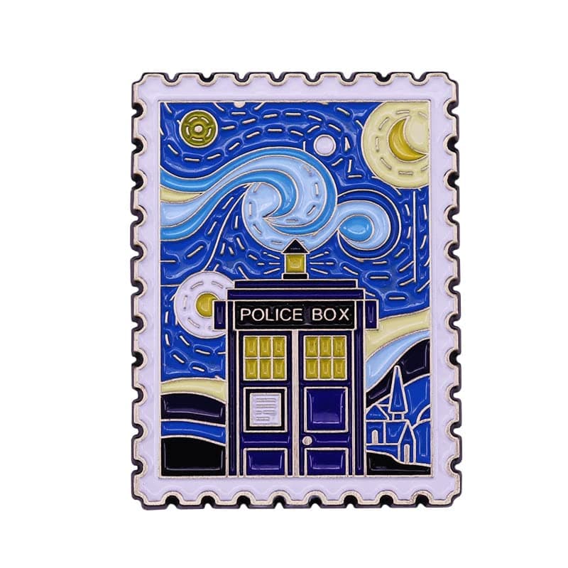 Tardis Starry Night Dr Who Van Gogh Police Box Stamp 1.6" Enamel Pin Badge