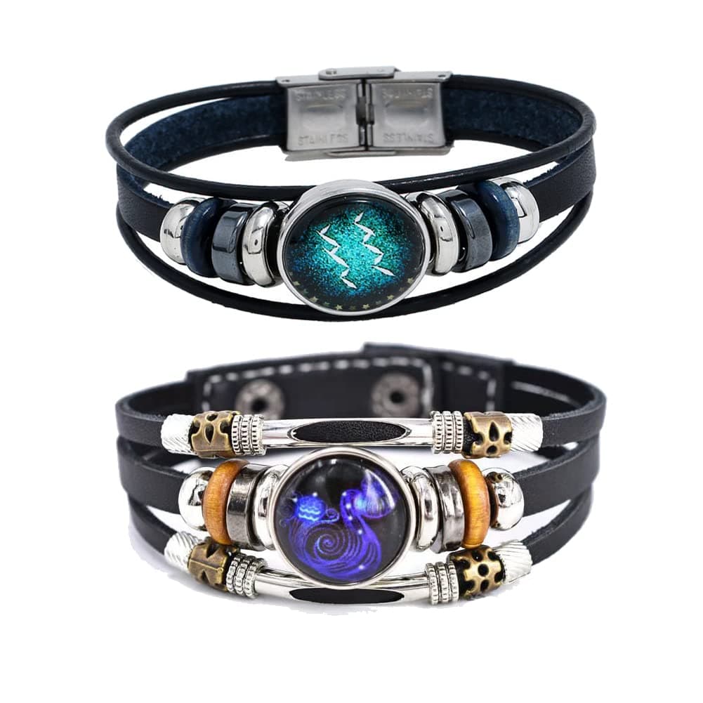 2Pcs Multilayer Constellation Zodiac Leather Bracelet Handmade Woven Zodiac Sign Wrap Bracelet Wristband for Women Men Jewelry Birthday Gift