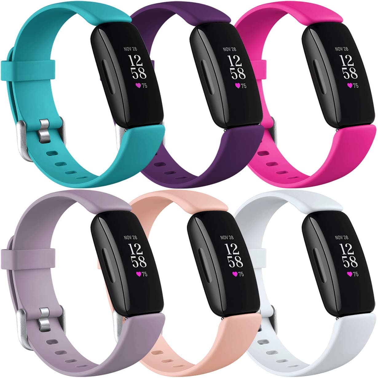 Nofeda 6 Pack Bands Compatible with Fitbit Inspire 2 for Women Men, Adjustable Sport Replacement Wristbands Accessory, Small, Rose Pink, White, Plum