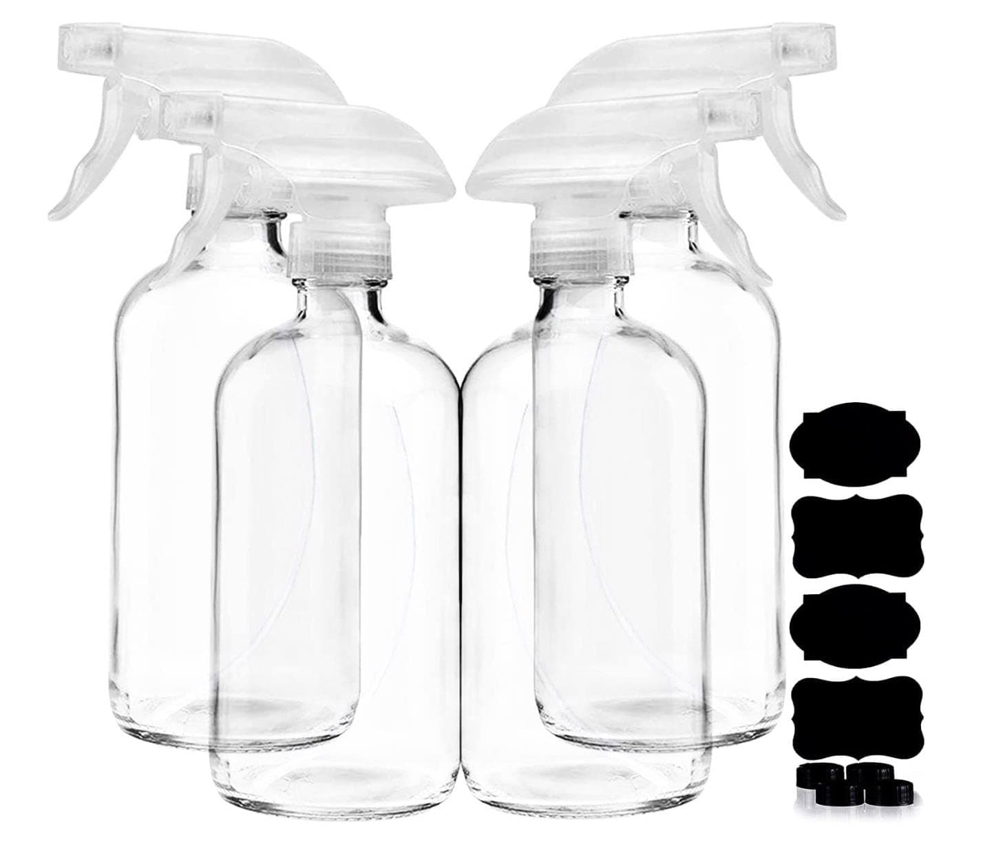 FUFU Clear Glass Spray Bottles For Cleaning Solutions (4 Pack) - 16 Ounce, Refillable Sprayer for Essential Oil, Water, Kitchen, Hair. Durable Clear Trigger Sprayer w/Mist and Stream Settings (8oz)