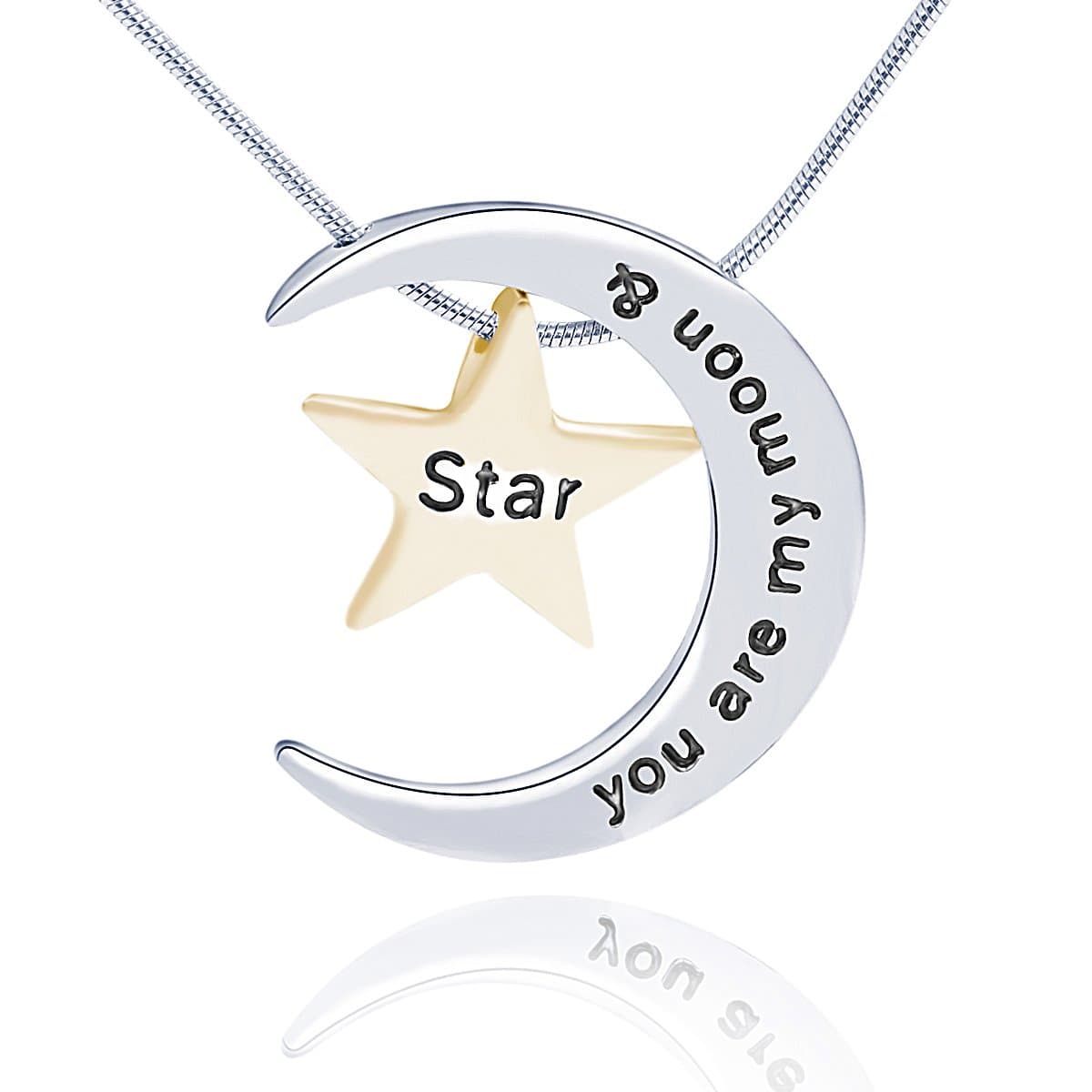 JingChow Titanium Stainless Steel Couple ''You Are My Moon and Star'' Pendant Necklace for His & Hers