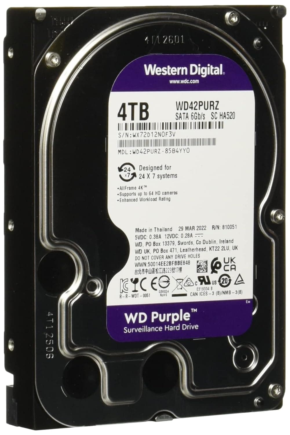 Western Digital 4TB WD Purple Surveillance Internal Hard Drive HDD - SATA 6 Gb/s, 256 MB Cache, 3.5" - WD42PURZ