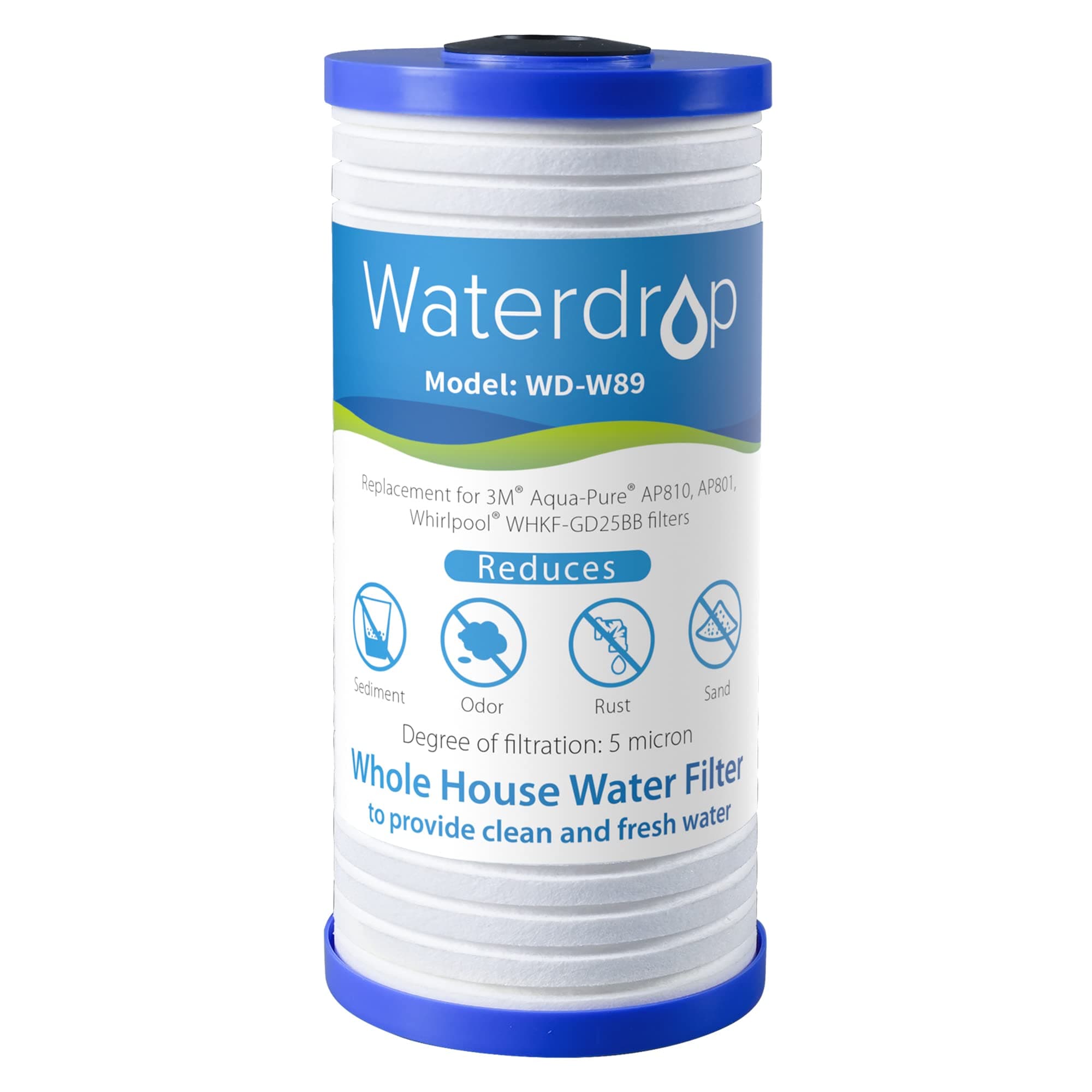 WaterdropAP810 Whole House Water Filter, Replacement for 3M® Aqua-Pure AP810, AP801, AP811, Whirlpool® WHKF-GD25BB, WHKF-DWHBB, 5 Micron, 10" x 4.5", Tap Water Filter, Pack of 1