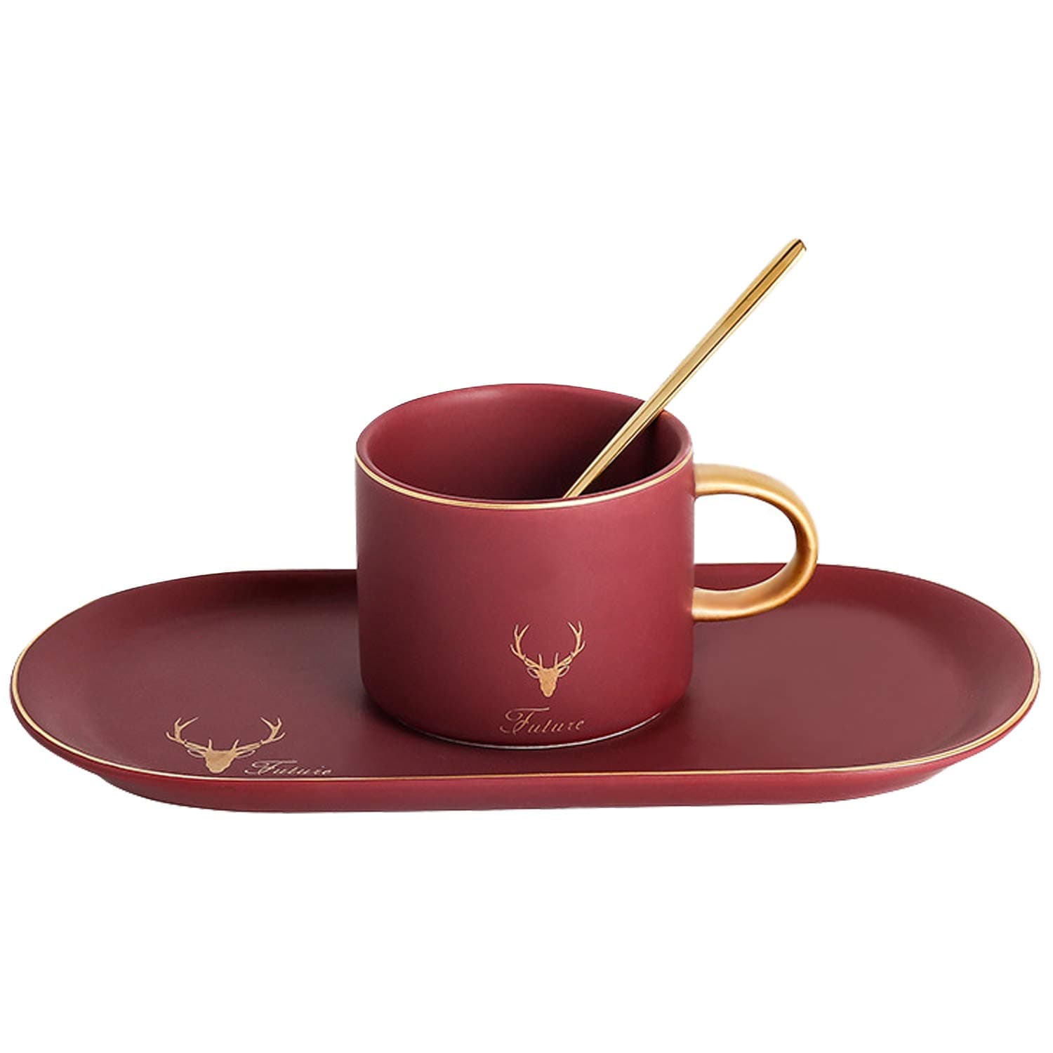 Espresso Cups and Saucers with Espresso Spoons Porcelain Coffee Mugs for Cappuccino Latte (Red, 8oz)