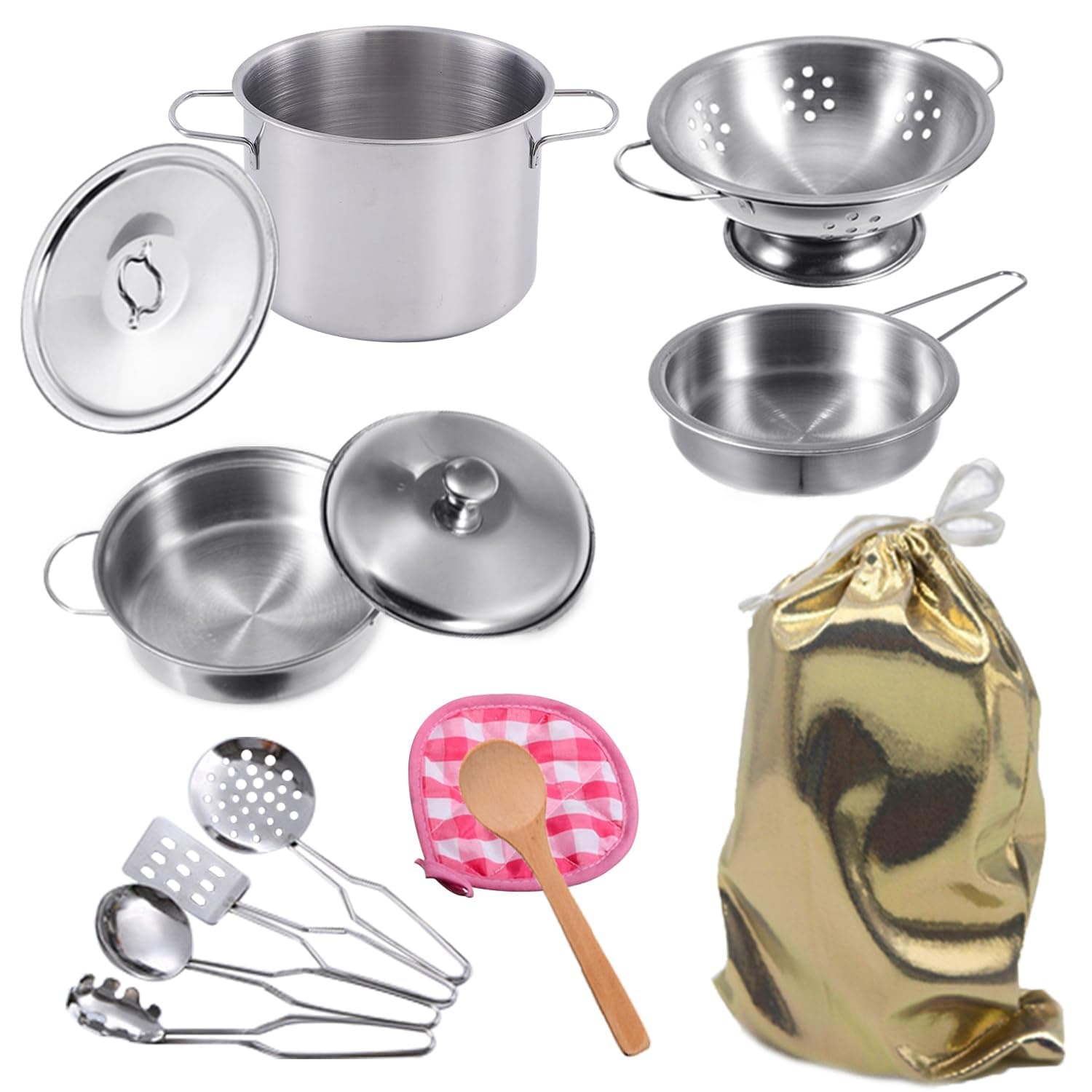 GOLCUGYJH Stainless Steel Pretend Cooking Utensils Cookware Set,Mini Play Kitchen Accessories,Play Pots and Pans Toys Packed in a golden cloth bag for Kids Toddlers