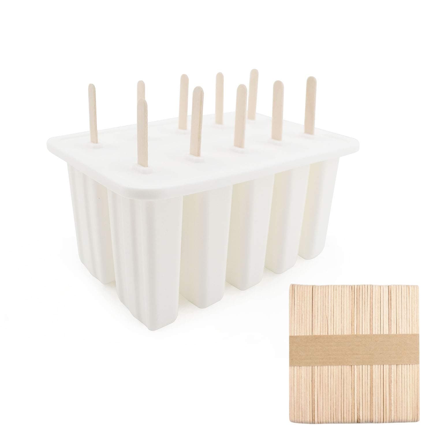Chokxus Ice Popsicle Mold Ice Cream Mold Silicone for Ice Pop Bar Handmade Frozen Yogurt, DIY Ice Sucker Tray with 50 Wooden Sticks (10 Capacity)