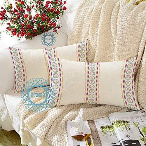 STITCHNEST Stripe Multi Printed Poly Cotton Rectangular Cushion Covers, Set of 2 (12 x 18 Inches with Filler)