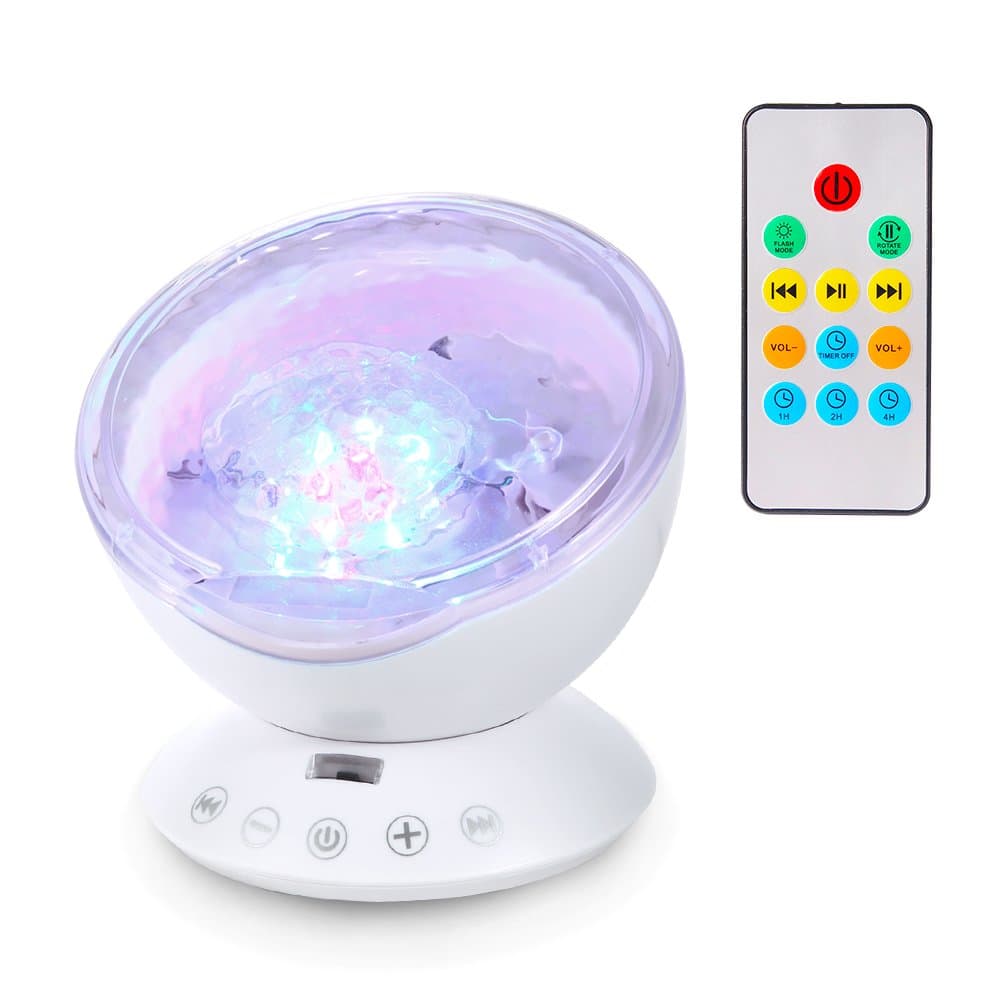ALFALED Ocean Wave Projector Night Light, Built-in Soft Music Player Lamp Remote Control 7 Color 12 LED Timing Angle Rotatable for Kids Bedroom, Party, Festival,Nursery-white [Energy Class A+]