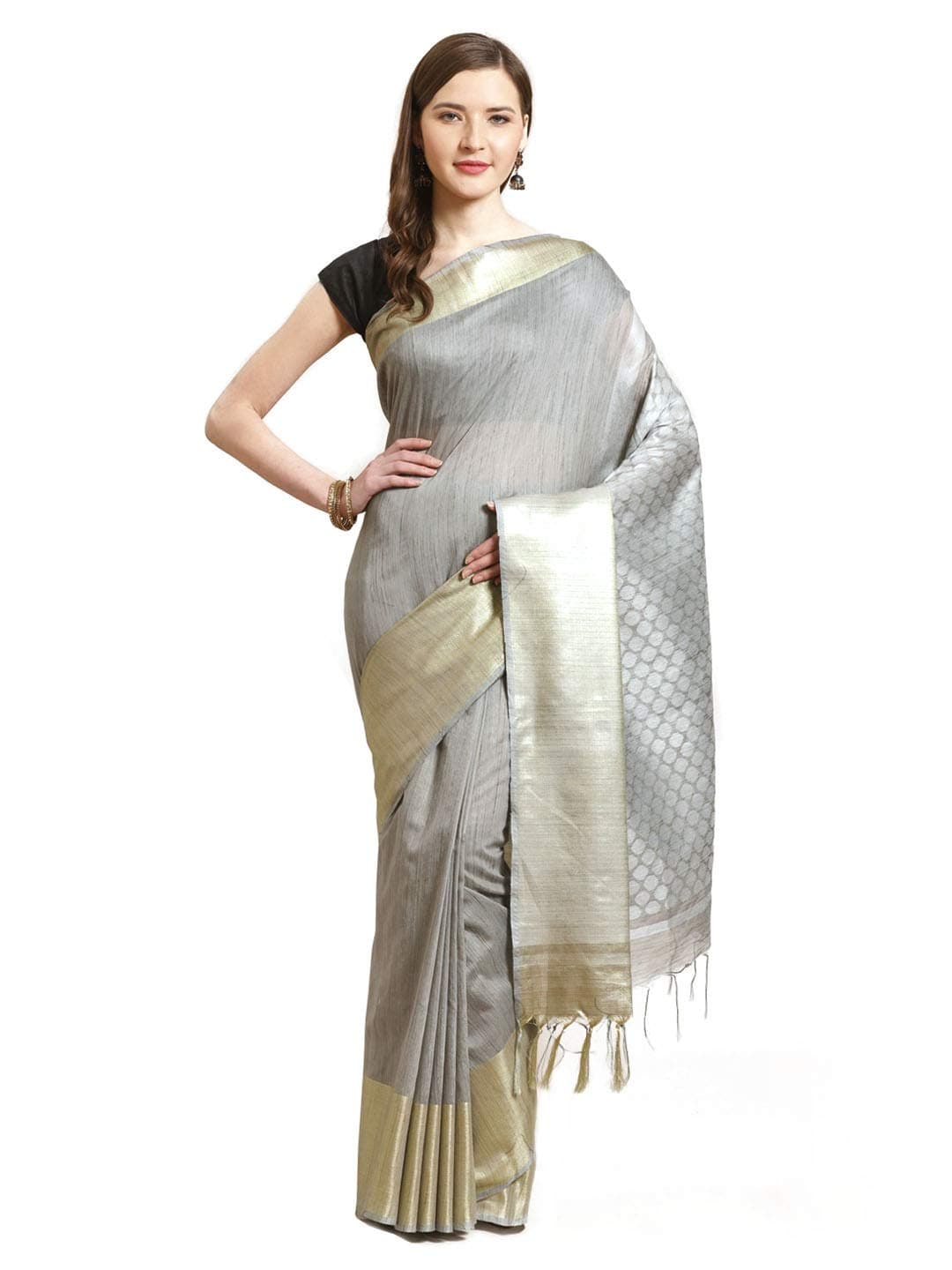 Swatika Ethnic Indian Bhagalpuri Woven Design Grey Colored Silk Blend Saree/Sari with an unstitched Blouse Piece Model No - SL0CB276