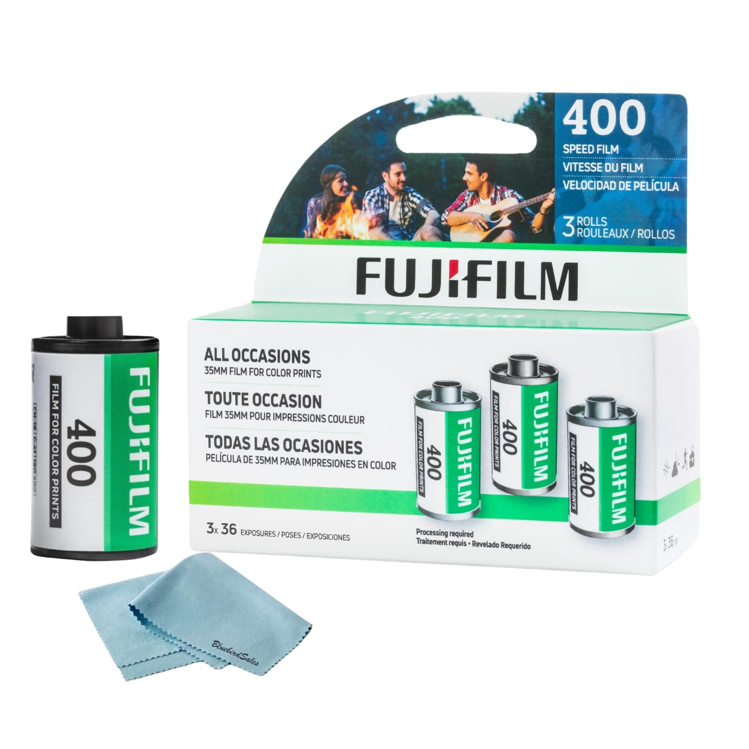 Fujifilm Fuji 400 Color Negative Film (35mm Roll Film, 36 Exposures, 3-Pack) + BluebirdSales Microfiber Cleaning Cloth