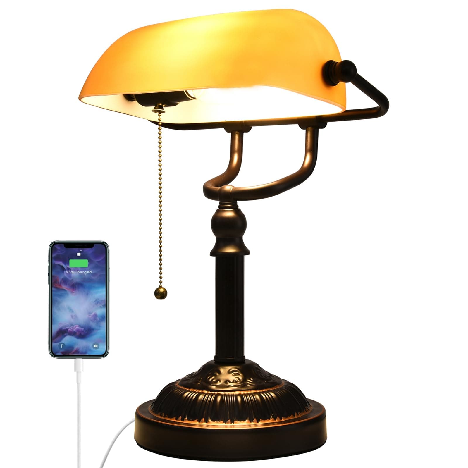 Traditional Bankers Lamp with Pull Chain Switch USB Port, Amber Glass Shade, Vintage Library Lamp for Office