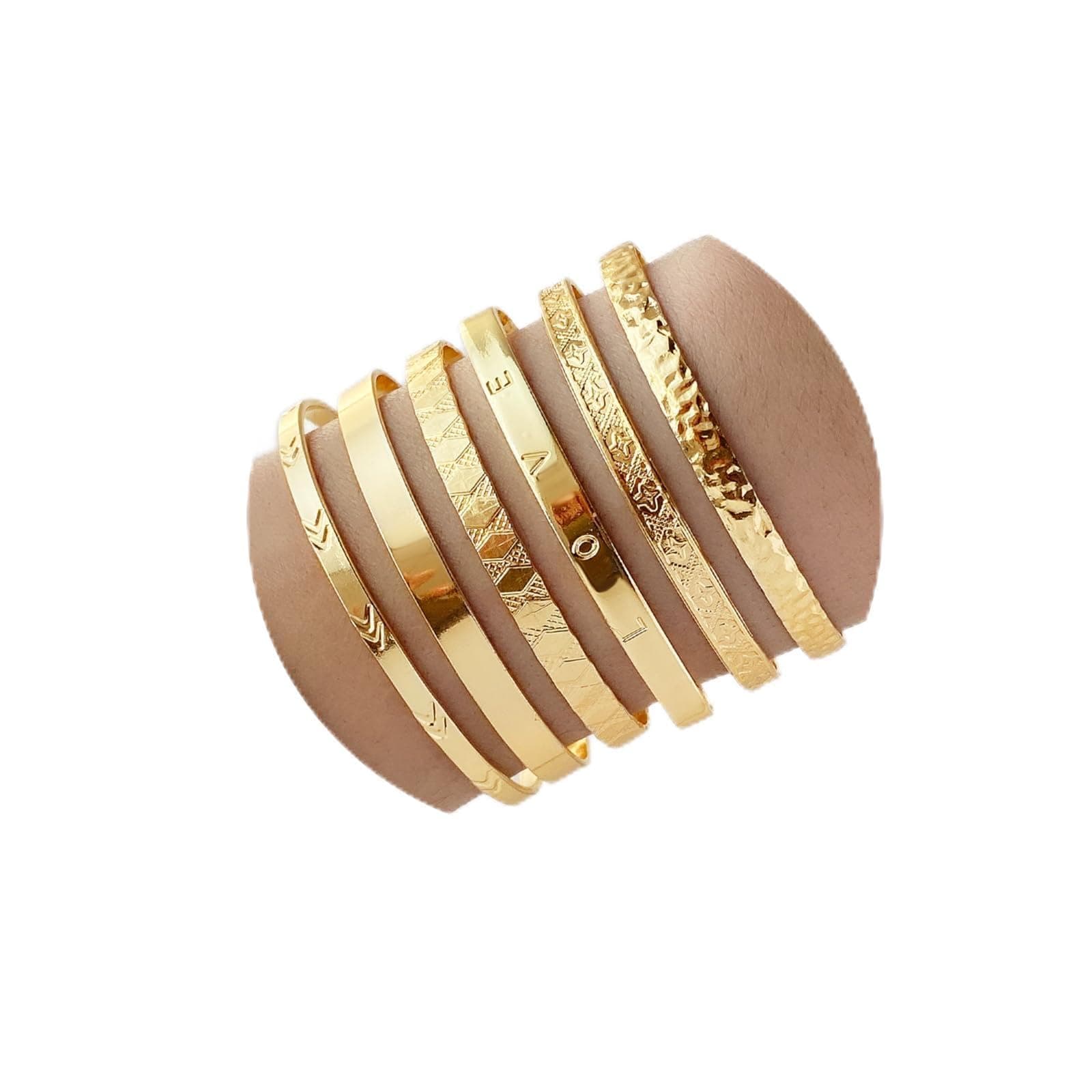 IFKM Gold Bangle Bracelets For Women, 14k Gold Plated Multi Layer Stackable Cuff Bracelet Set, Trendy Elegance Charms Non Tarnish Minimalist Textured Boho Jewelry Gift for Women