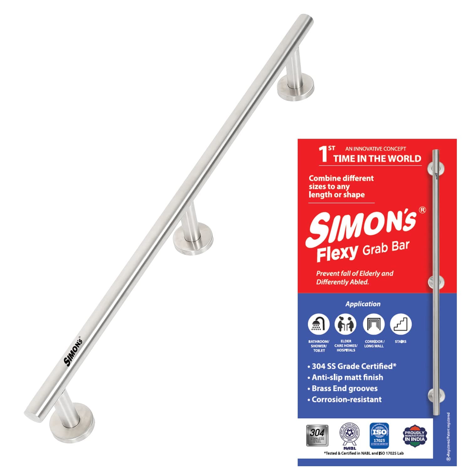 Simon's Flexy 304 Stainless Steel Grab bar for Bathroom and Toilet Safety Handle of Elderly People - 75 cm with 3 Legs of 4.5 cm - Pack of 2