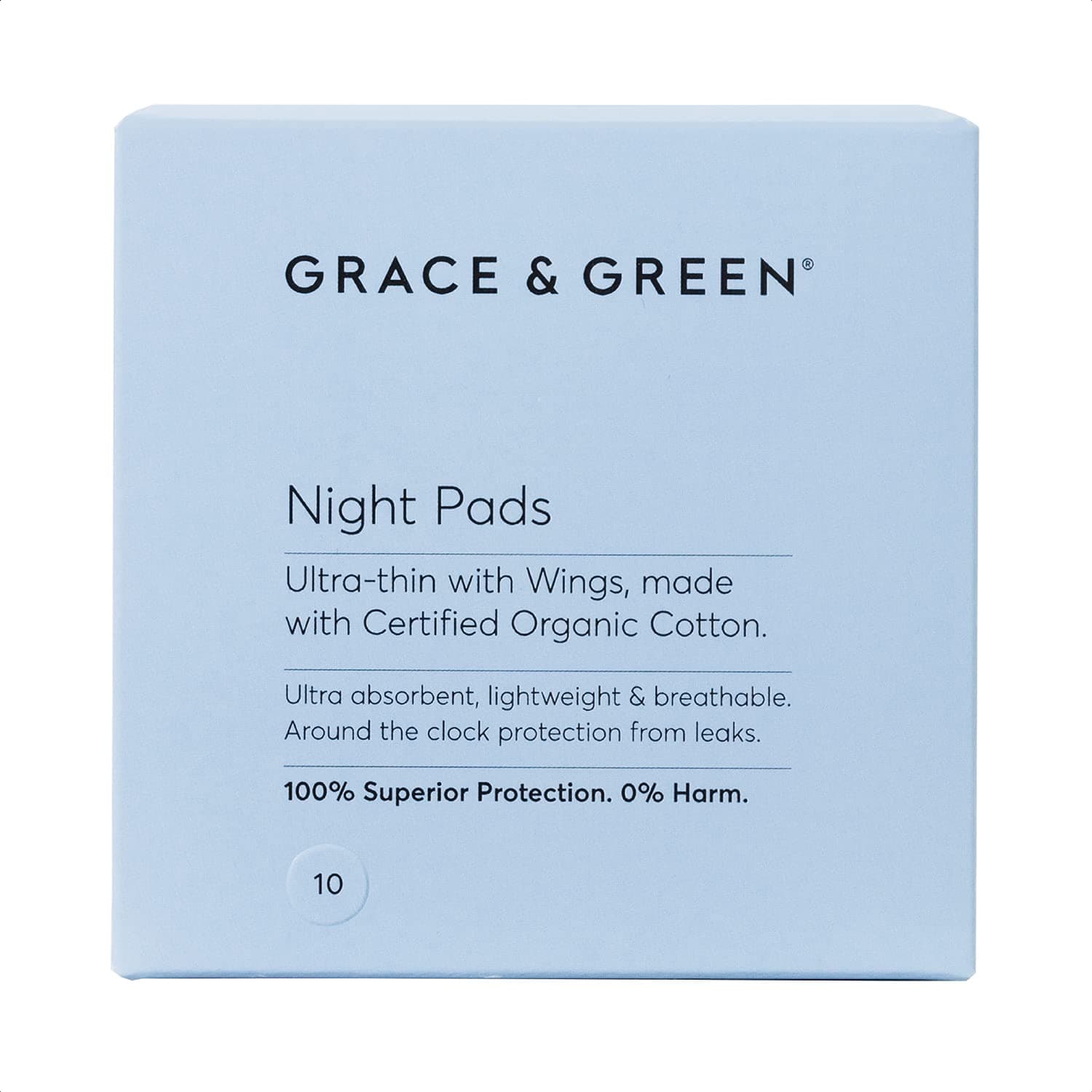 Grace & Green - Cotton Night Sanitary Pads - with Wings - 100% Organic, Biodegradable Cotton - Individually Wrapped - Free from Plastic - 10x Pads