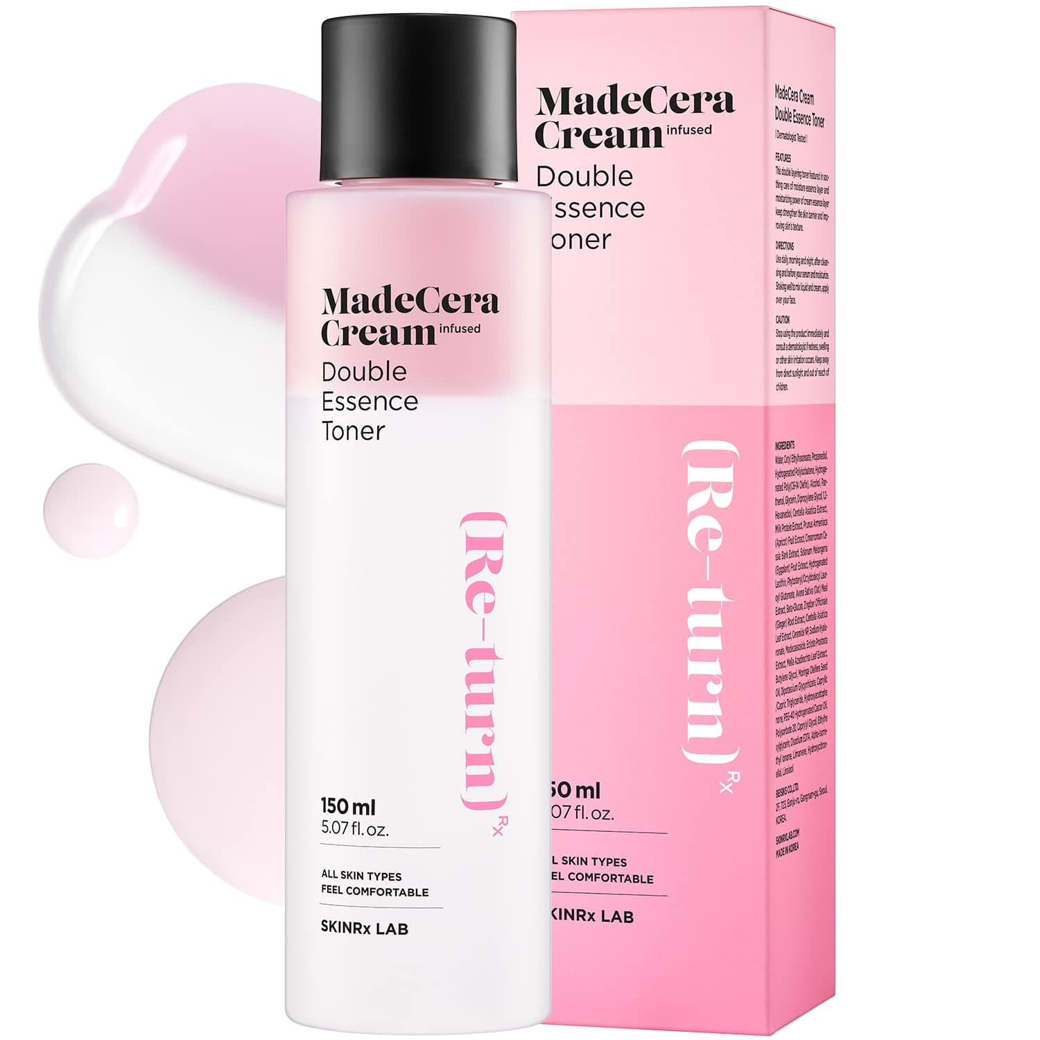 SKINRxLAB MadeCera Cream Double Essence Korean Toner 150ml (5.07fl.oz.) - Hydrating and Soothing with Milk Protein, Ceramide, Beta-Glucan - Moisturizing Strawberry Milky Toner for Irritated Skin