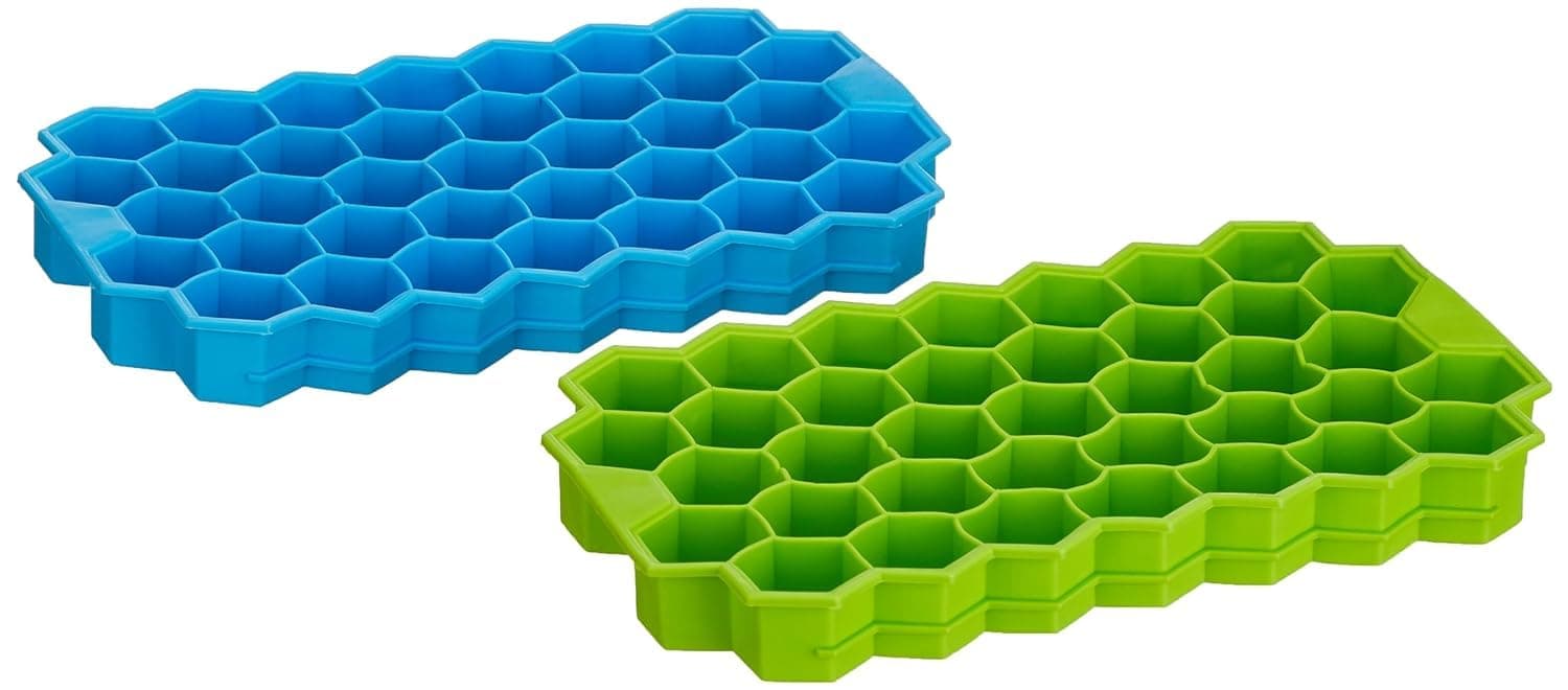 Clazkit Flexible Silicone Honeycomb 37 Cavity Ice Cube Tray for Freezer Moulds Small Cubes Whiskey Fridge Bar Soft Ice Cube Tray -Color May Vary-Pack of 2