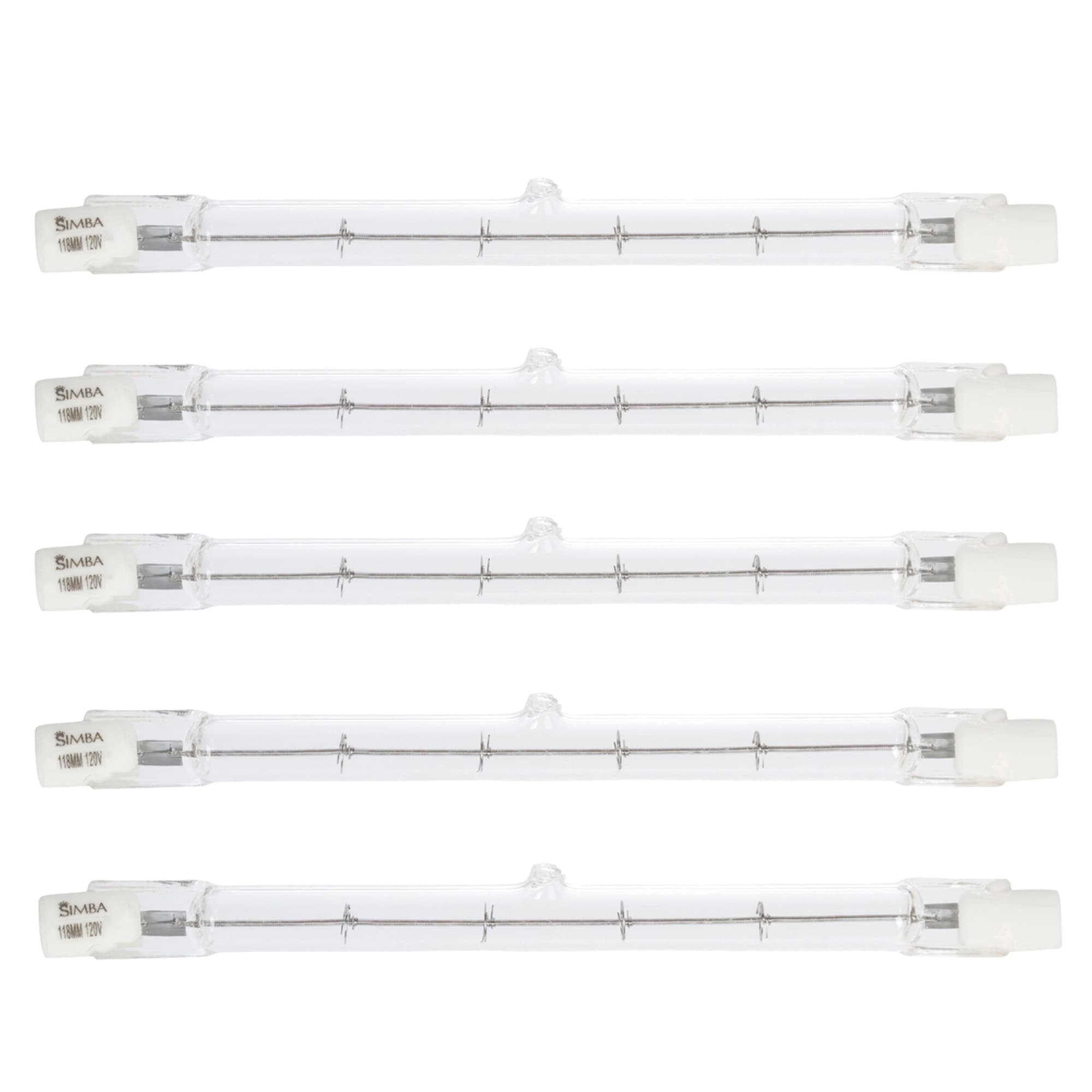 Simba Lighting Halogen R7S 118mm T3 500W Dimmable 7500lm (5 Pack) J Type Linear Double Ended Floodlight Bulb 360º Beam Angle 120V for Work, Security, Landscape Lights, Floor Lamps, Warm White 2700K