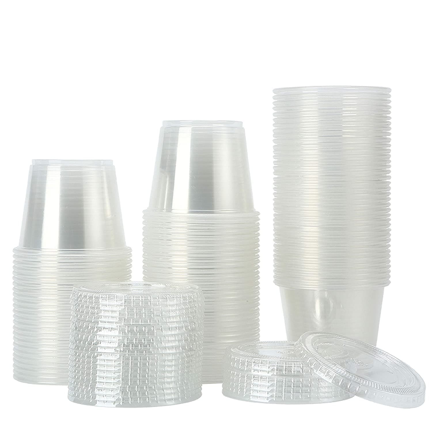 TashiLiving[200Sets-5.5oz Clear Plastic Disposable Portion Cups with Lids, Souffle Cups, Condiment Cups,Jello Shots, Slime & Medicine Premium Small Plastic Containers