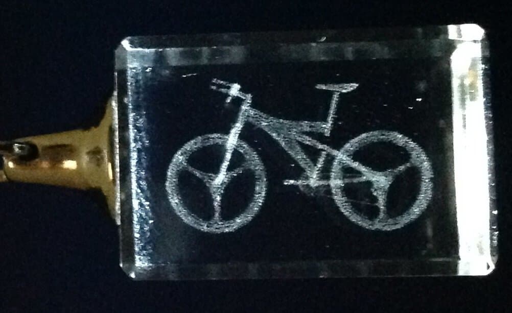 3D Laser Etch Crystal Glass & Chrome Mountain Bike Key Chain in Gift Box New