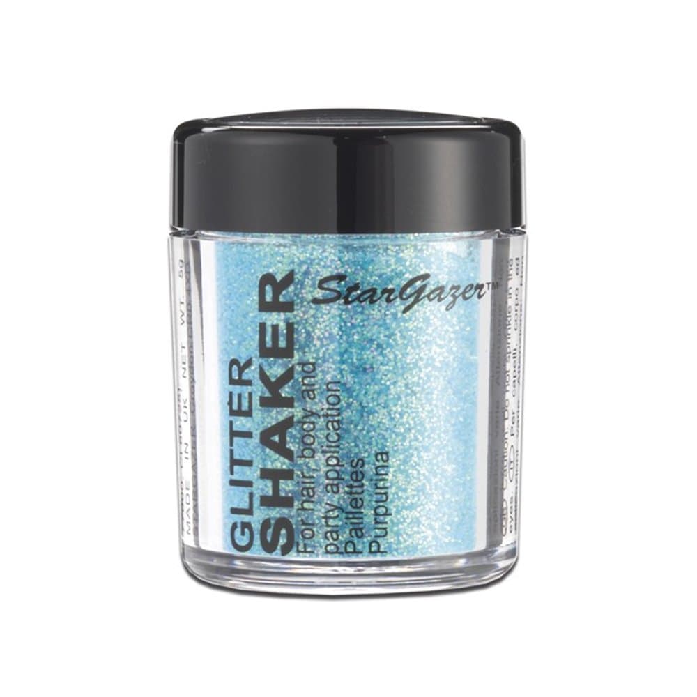 Glitter Shaker, Blue. Cosmetic glitter powder for use on the eyes, lips, face, body, hair and nails.
