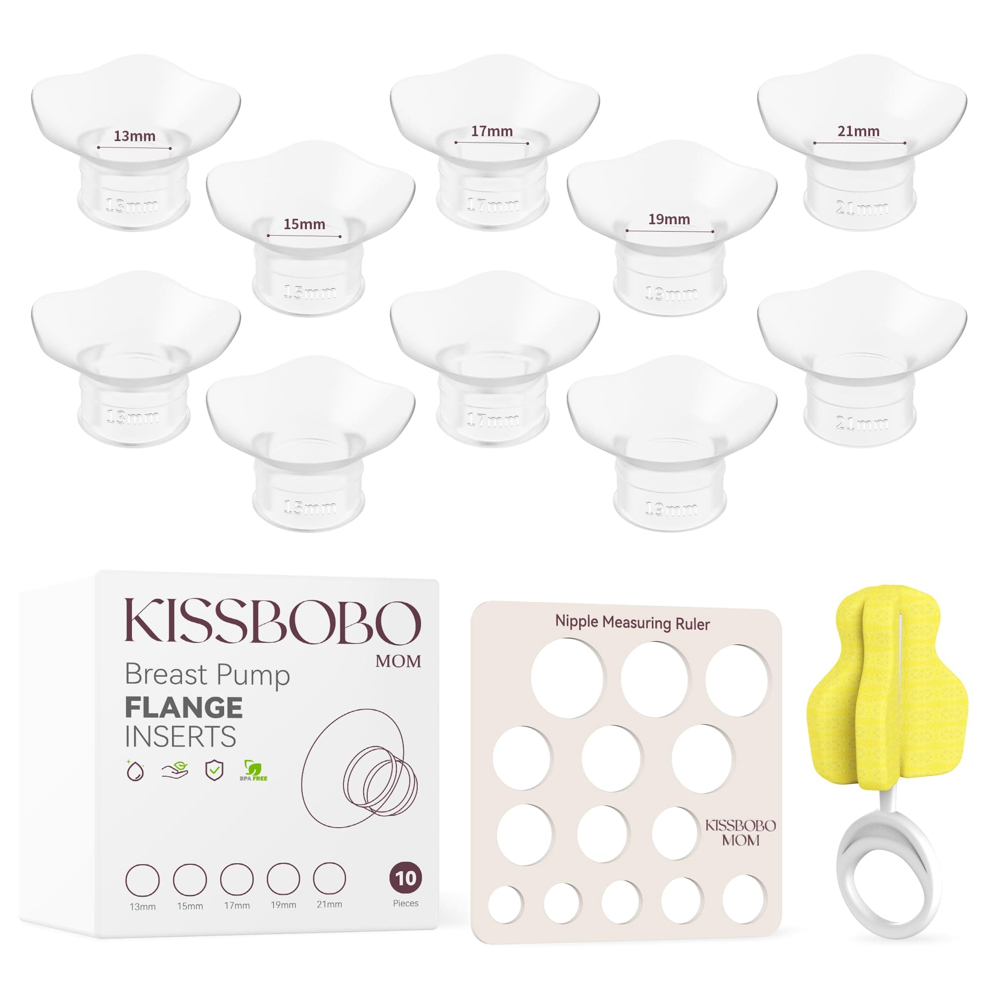 Electric Breast Pump Flange Sizing Kit, 5 Sizes (13/15/17/19/21MM), with Cleaning Brush and Nipple Measuring Ruler, Suitable for 24MM Breast Pumps, More Lighter & Compact, Easier to Clean