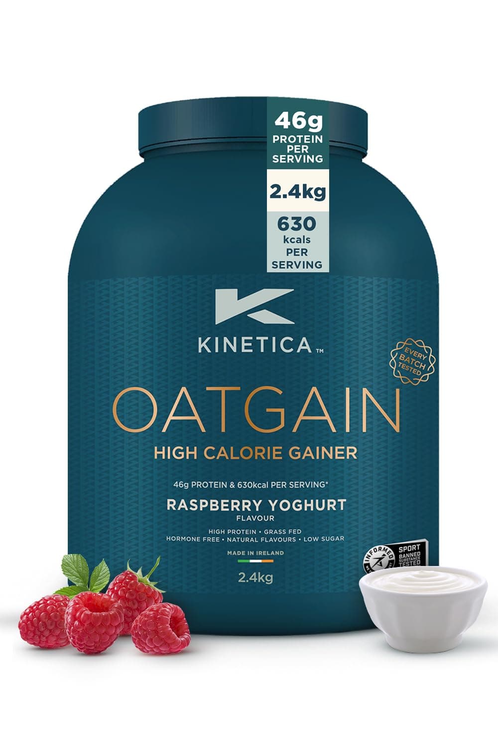 Sports OatGain Mass Gainer–Raspberry Yoghurt, 2.4Kg, 15 Servings | 46g Protein, 78g Carbs & 620 Kcal/Serve |Optimum Bulk Weight Gain Whey Protein Supplement | WADA & Informed Sport Approved
