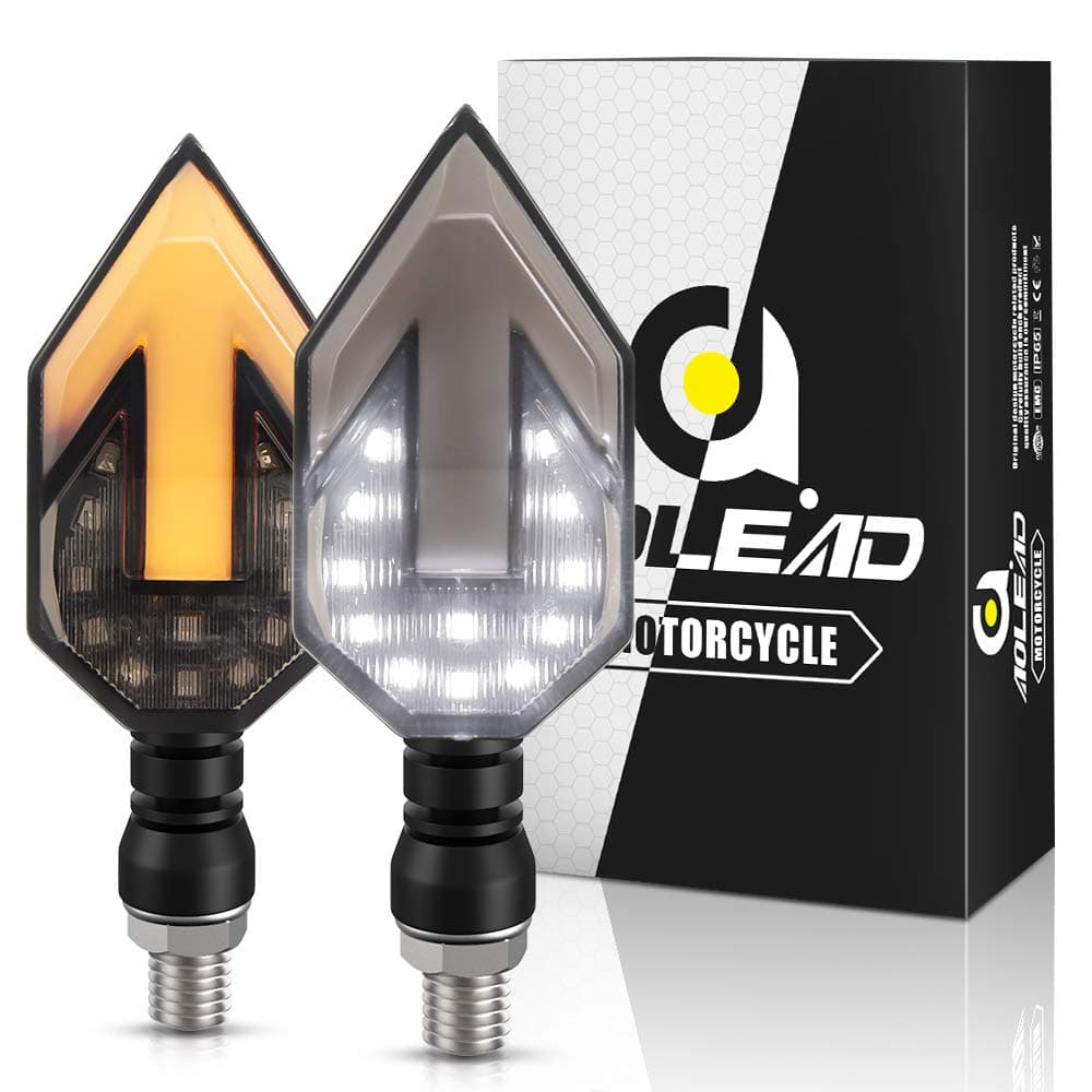 Aolead Motorcycle Turn Signals, Flowing Amber LED Front/Rear Turning Indicators with DRL Light Universal Fit Motorbike Scooter Quad Cruiser Off Road (Pack of 2)