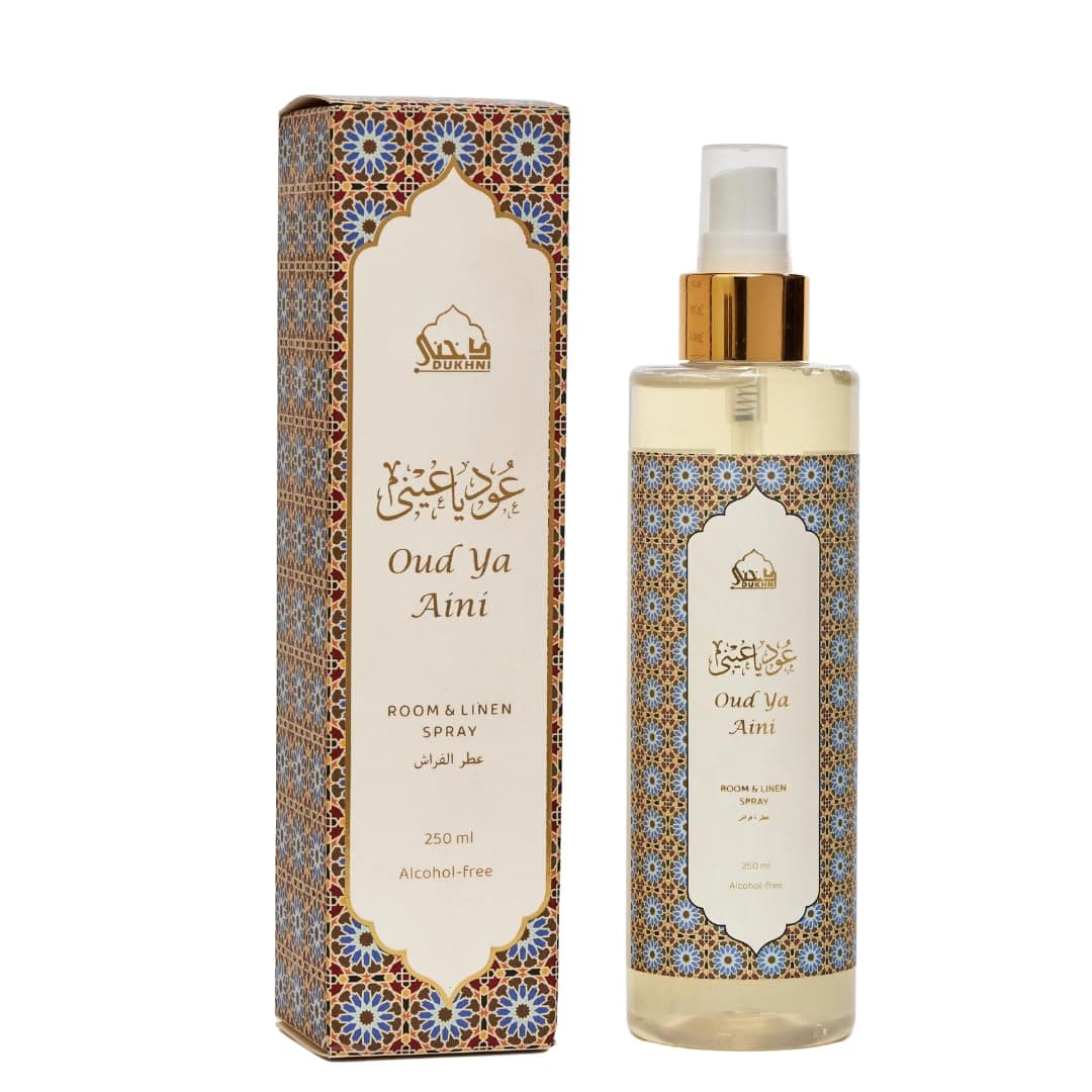 Oud Room & Linen Spray by Dukhni | 250ml Aini Air Freshener, Room Mist, for Bed Linen, Fabrics, Sofa and Prayer Mats | Islamic gifts, Free from Alcohol, Odour eliminator for strong odour