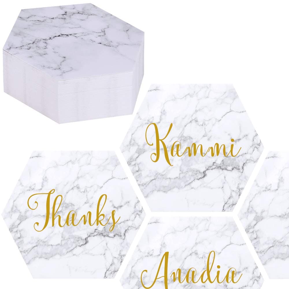 EXQUISS 50 Packs Marble Pattern Hexagon Blank Place Cards Table Name Tags Reserved Cards Seating Cards Notes Cards Message Cards-3.6" for Reception Wedding Baby Showers Dinner Party (Paper)