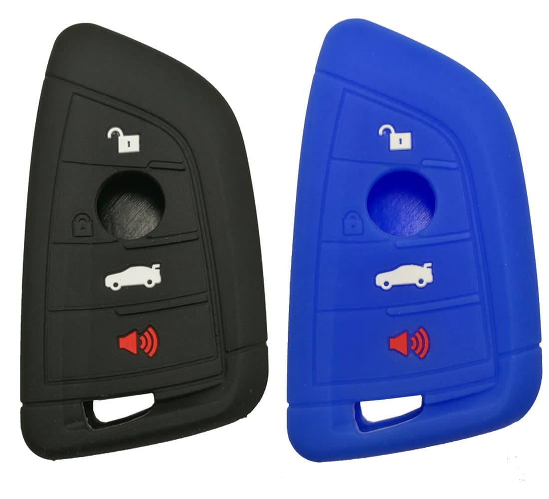 Keyless Entry Remote Key Fob Cover Skin Case Protective Silicone Rubber Key Jacket Protector Holder for BMW 2014 2015 2016 2017 X1 F48 X3 X4 X5 X6 Remote Smart 3 4 Buttons Key (1 Black + 1 Blue)
