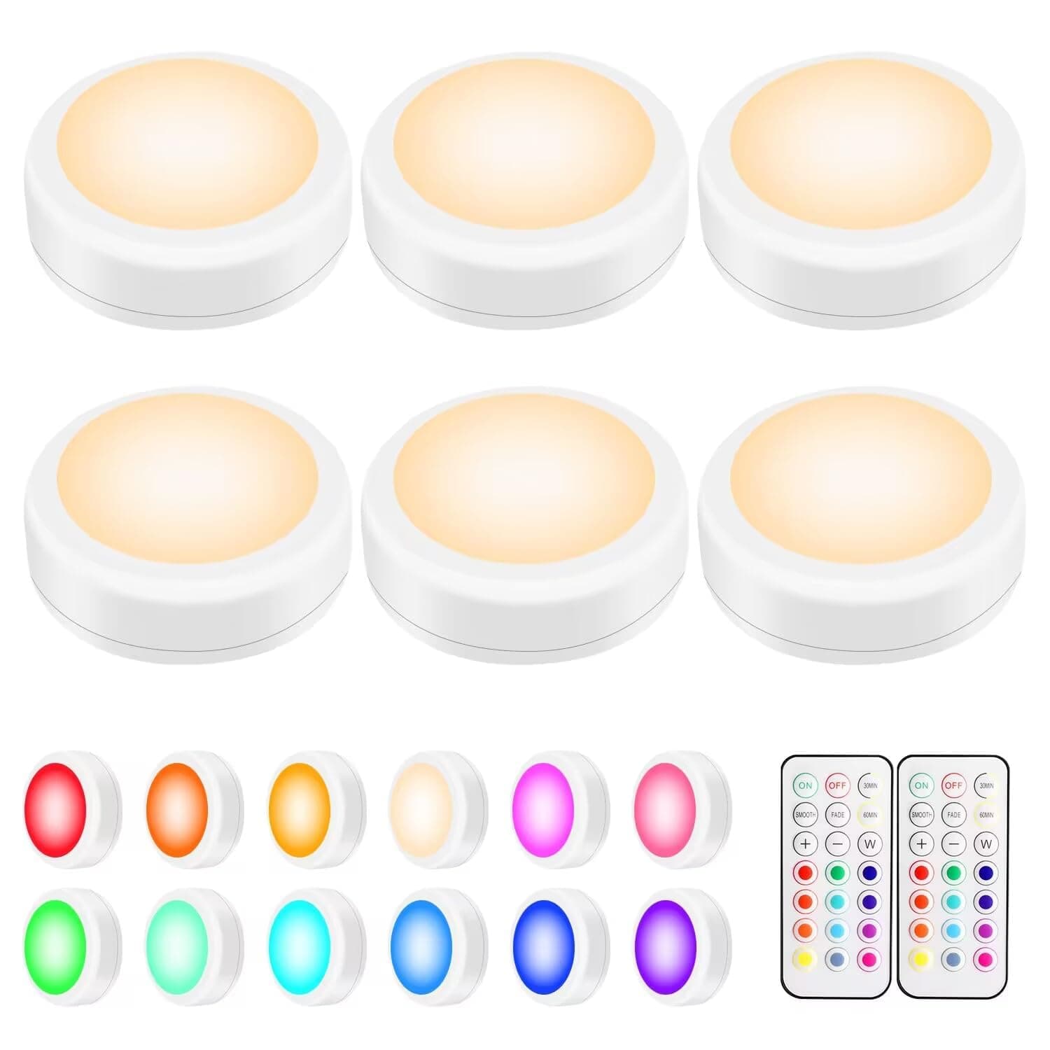 LED Puck Lights with Remote Control, Wireless Under Cabinet & Closet Lighting, RGB 13 Color Changing Lights with Dimmer, Timer & AA Battery Operated, Push, Touch, Stick on for Night, White, 6 Pack
