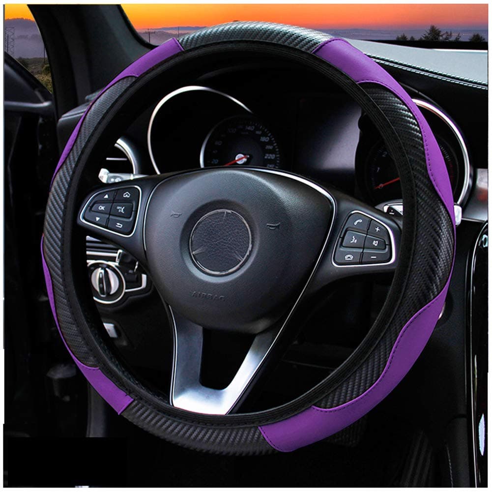 Fiber Leather Car Steering Wheel Cover,Round D Type Universal 15 inch Breathable Anti Slip Auto Steering Wheel Covers for Car Truck SUV,Purple