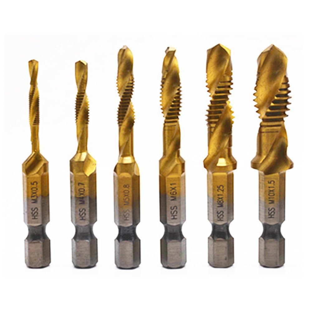 6Pcs Titanium Combination Drill and Tap Set,Metric Thread HSS M3-M10 Screw Tapping bit Tool 1/4" Hex Shank