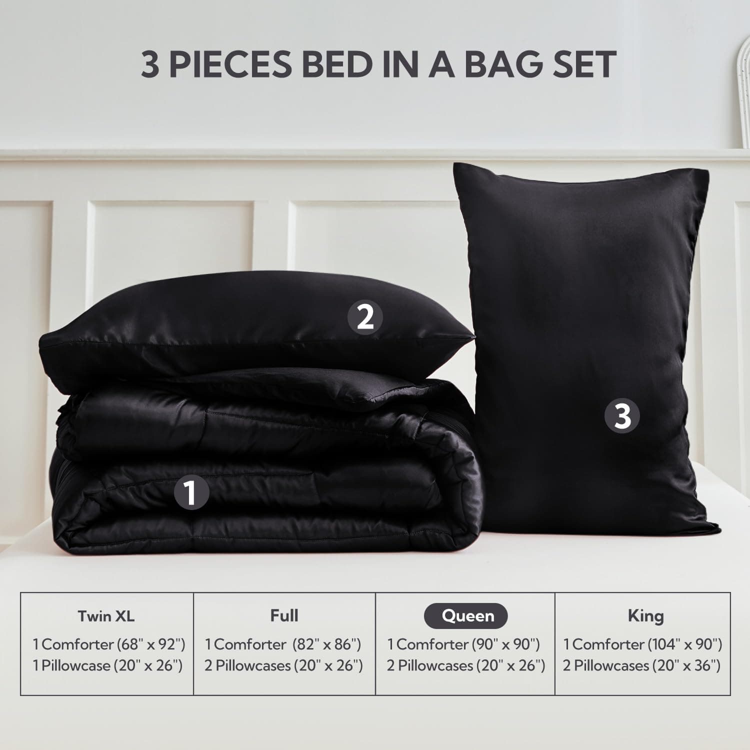 MR&HM Queen Comforter Set Black, Reversible Satin Microfiber Comforter Set for All Seasons, 3 Pieces Non-Slip Silky Soft Bedding Sets with 1 Comforter (90"x90") and 2 Pillowcases (20"x26")