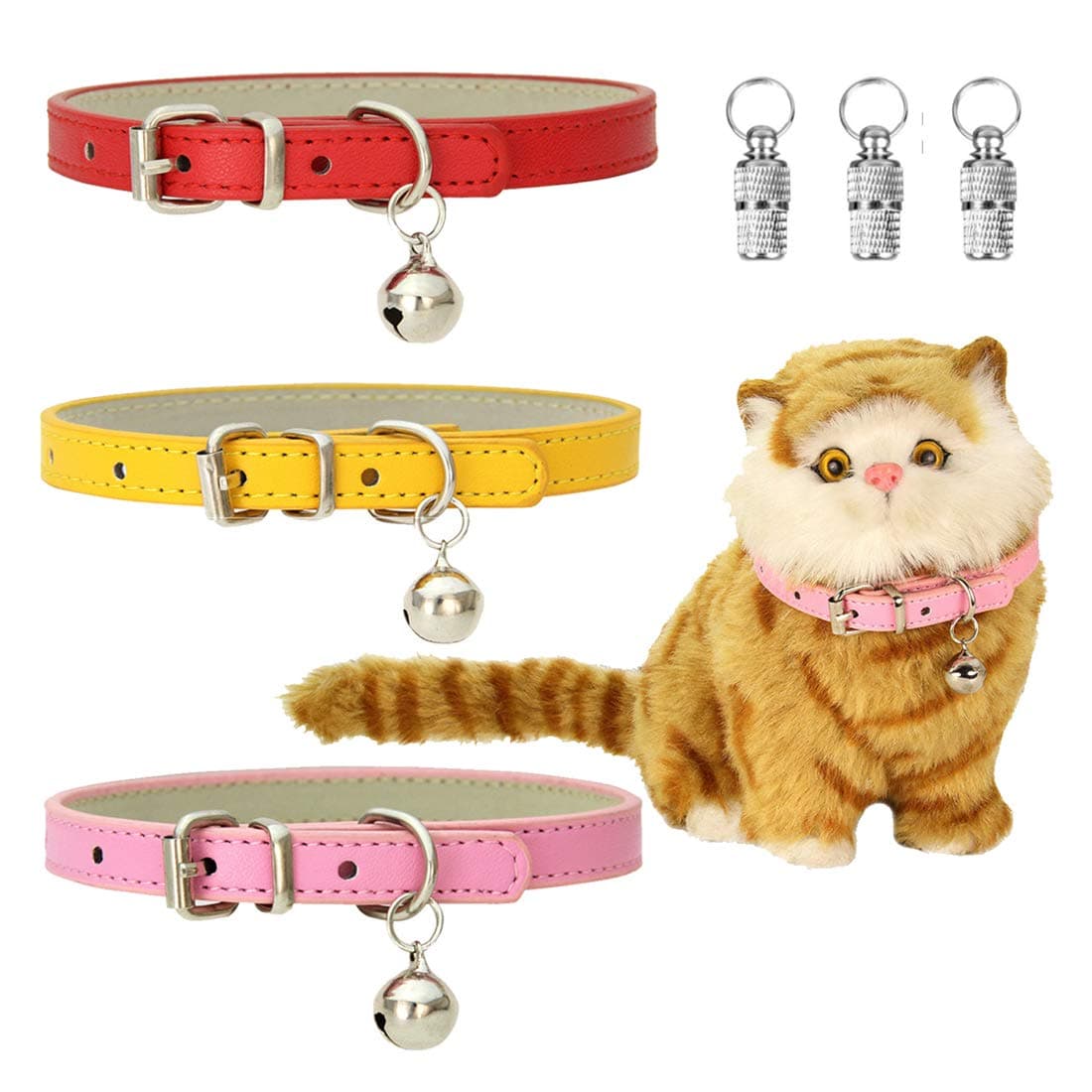 ZHONGGEMEI 3 sets of Leather Pet collars for Cats,Leather cat/kitten collar pink Adjustable 8"-10.5"