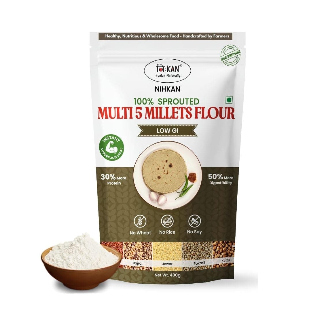 NIHKAN Multigrain Sprouted Millets Flour - 400g | Sugar Control Atta For Weight Loss & Diabetes | Gluten Free, No Wheat, No Rice, Low GI | Mix of 5 Sprouted Millets Ragi, Jowar, Bajra, Foxtail millets