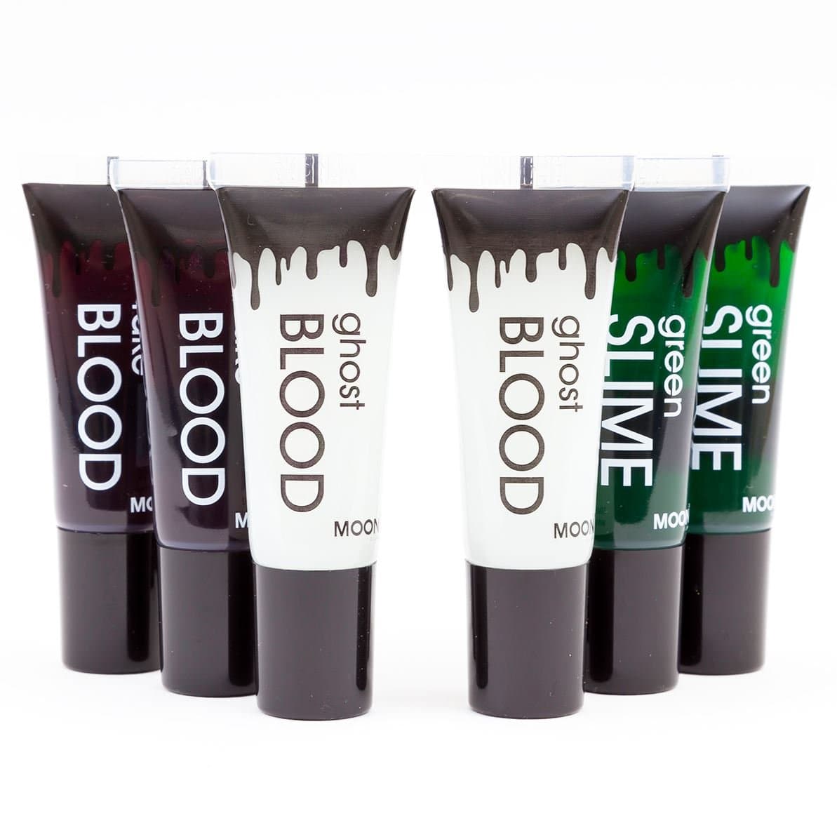 Moon Glow - 10ml Halloween Multipack - 2x Fake Blood, 2x Green Slime, 2x Ghost Blood. Perfect for Halloween, Vampire, Zombie Dress up Special FX Makeup with applicator