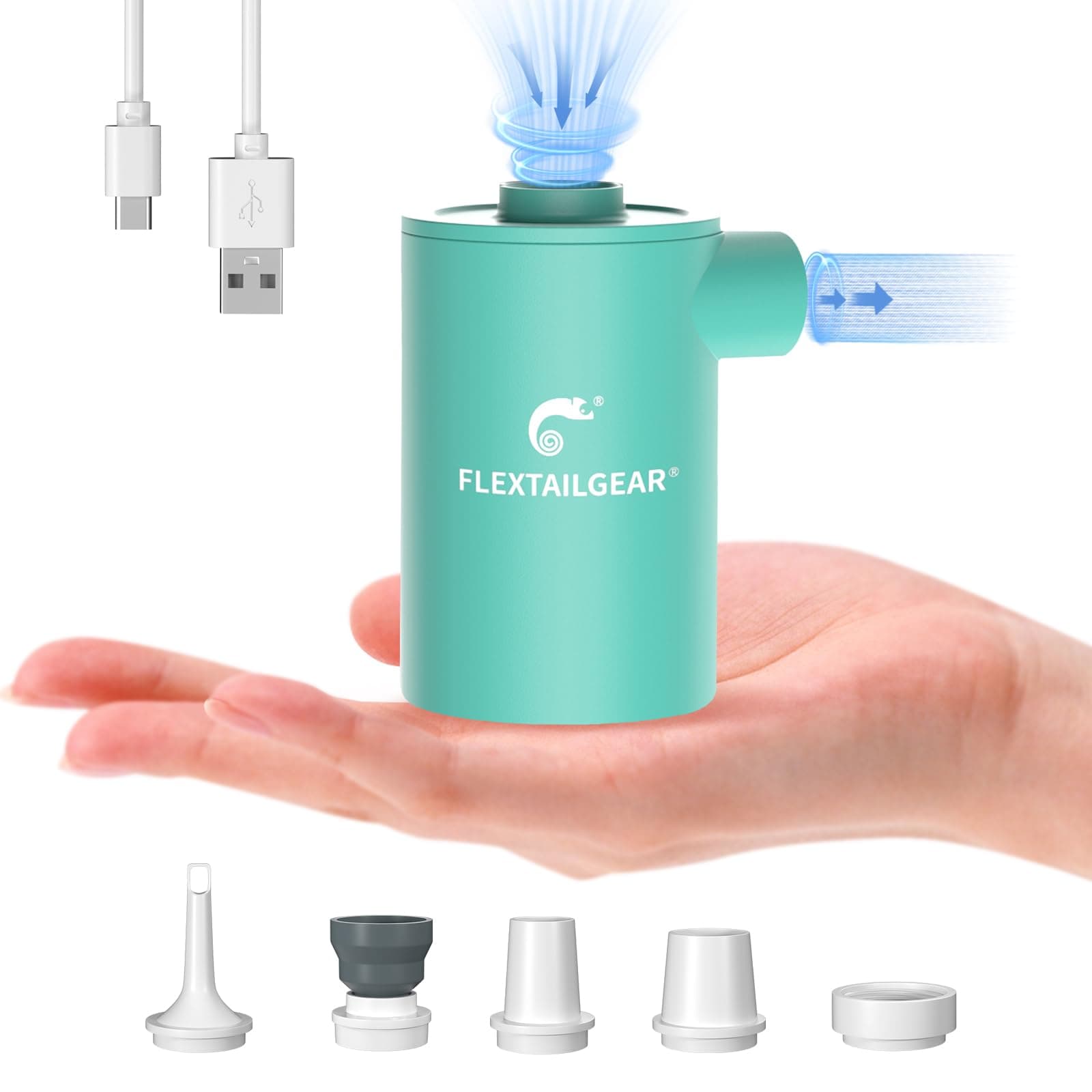 FLEXTAILGEAR MAX Pump Portable Air Pump with 3600mAH Battery USB Rechargeable Air Pump-Quick Inflate Deflate for Sleeping Pads, Air Mattress, Pool Toys, Floats, Swimming Ring, Air Bed (Green)