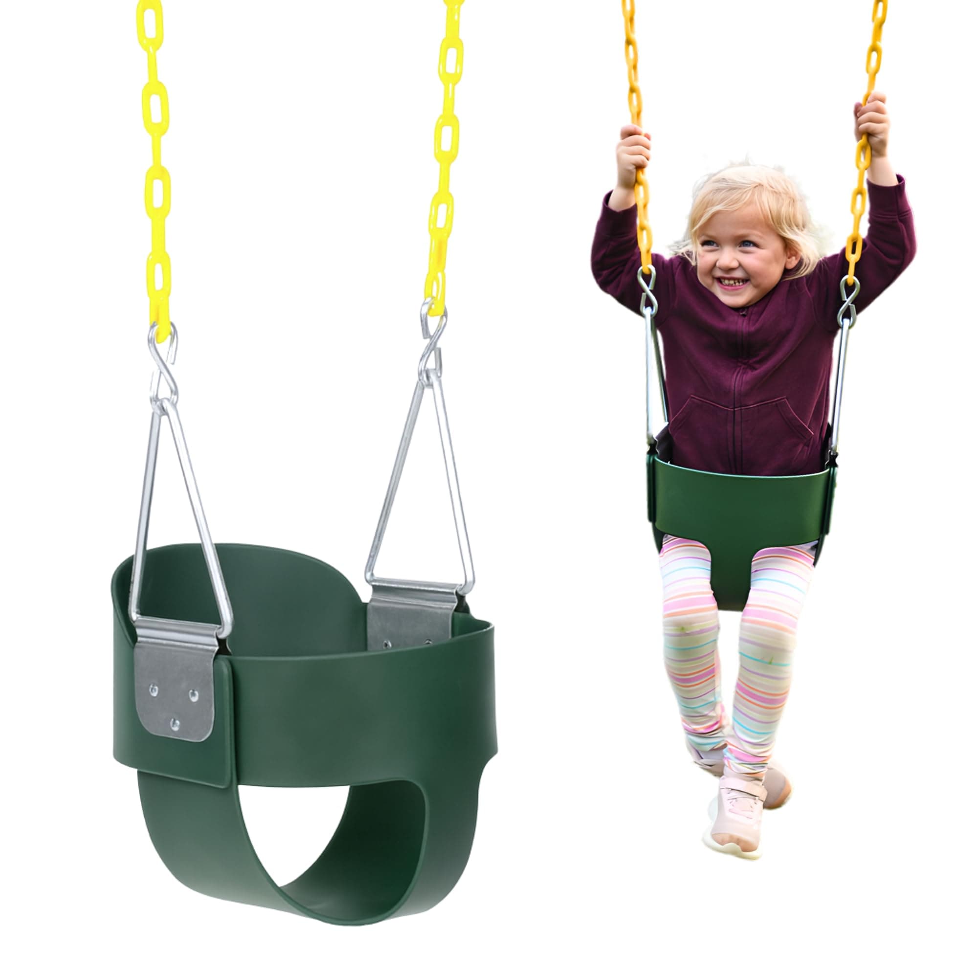 Eastern Jungle Gym Heavy-Duty High Back Full Bucket Toddler Swing Seat | Coated Swing Chains Fully Assembled | Green Swing Set Accessory